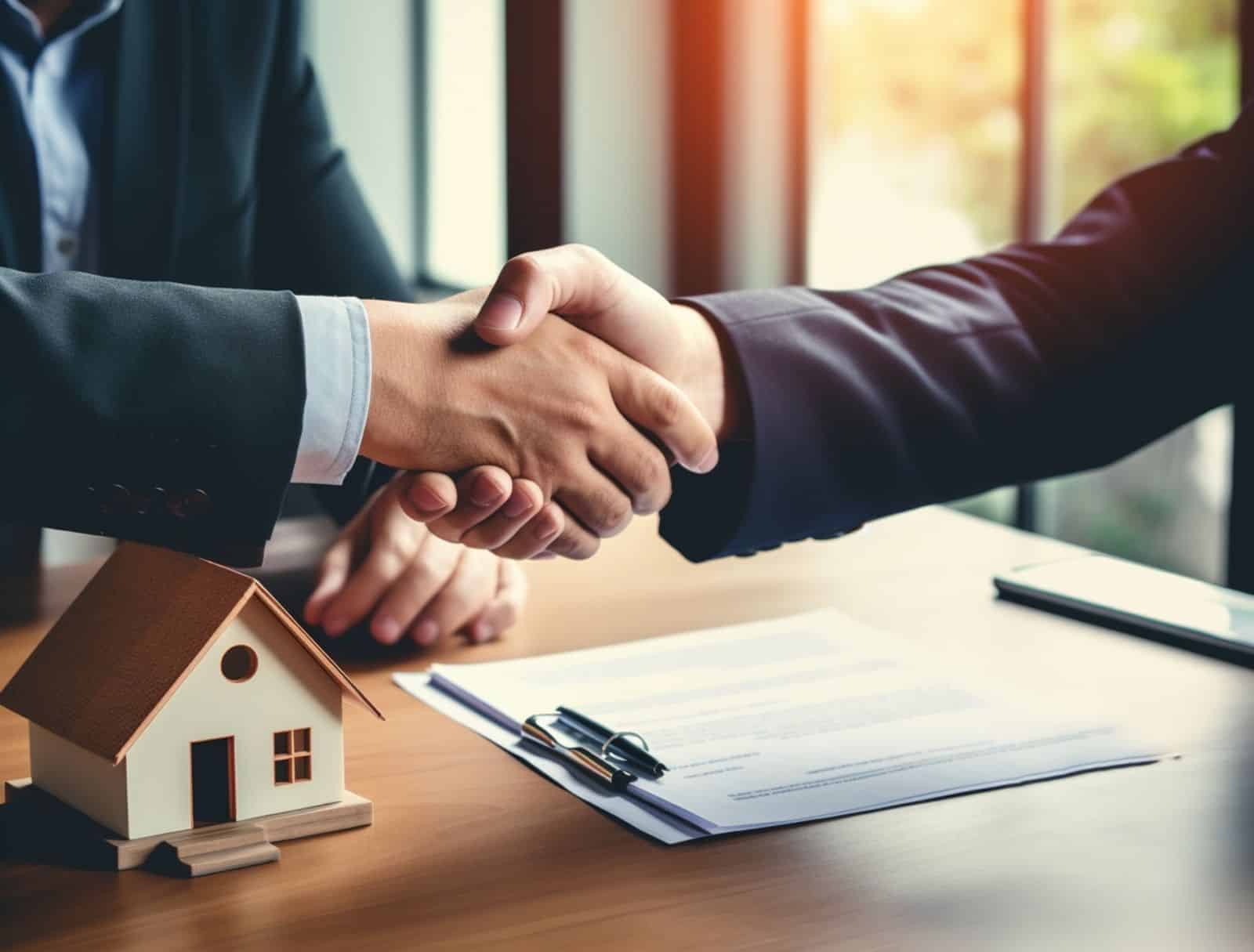 Two people shaking hands over a model house and contract.1